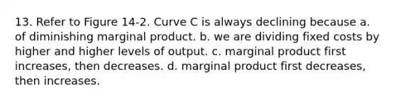 13. Refer to Figure 14-2. Curve C is always declining because a. of diminishing marginal product. b. we are dividing fixed costs by higher and higher levels of output. c. marginal product first increases, then decreases. d. marginal product first decreases, then increases.