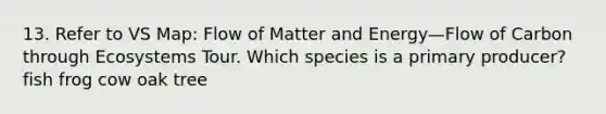 13. Refer to VS Map: Flow of Matter and Energy—Flow of Carbon through Ecosystems Tour. Which species is a primary producer? fish frog cow oak tree