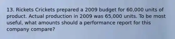 13. Rickets Crickets prepared a 2009 budget for 60,000 units of product. Actual production in 2009 was 65,000 units. To be most useful, what amounts should a performance report for this company compare?