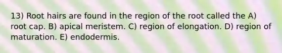 13) Root hairs are found in the region of the root called the A) root cap. B) apical meristem. C) region of elongation. D) region of maturation. E) endodermis.