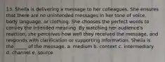 13. Sheila is delivering a message to her colleagues. She ensures that there are no unintended messages in her tone of voice, body language, or clothing. She chooses the perfect words to convey the intended meaning. By watching her audience's reaction, she perceives how well they received the message, and responds with clarification or supporting information. Sheila is the _____ of the message. a. medium b. context c. intermediary d. channel e. source