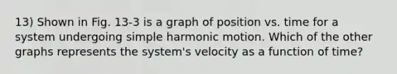 13) Shown in Fig. 13-3 is a graph of position vs. time for a system undergoing <a href='https://www.questionai.com/knowledge/kvMRoZTFEM-simple-harmonic-motion' class='anchor-knowledge'>simple harmonic motion</a>. Which of the other graphs represents the system's velocity as a function of time?