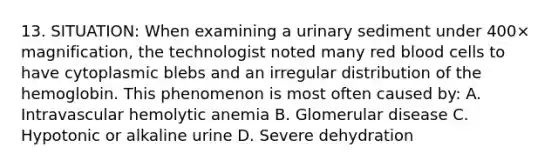 13. SITUATION: When examining a urinary sediment under 400× magnification, the technologist noted many red blood cells to have cytoplasmic blebs and an irregular distribution of the hemoglobin. This phenomenon is most often caused by: A. Intravascular hemolytic anemia B. Glomerular disease C. Hypotonic or alkaline urine D. Severe dehydration