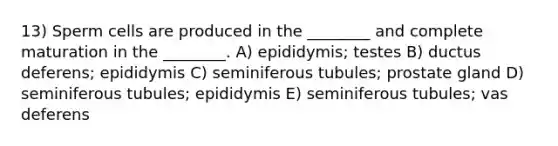 13) Sperm cells are produced in the ________ and complete maturation in the ________. A) epididymis; testes B) ductus deferens; epididymis C) seminiferous tubules; prostate gland D) seminiferous tubules; epididymis E) seminiferous tubules; vas deferens