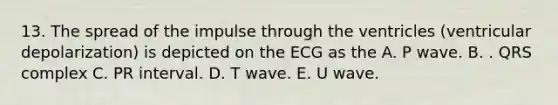 13. The spread of the impulse through the ventricles (ventricular depolarization) is depicted on the ECG as the A. P wave. B. . QRS complex C. PR interval. D. T wave. E. U wave.