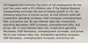 13) Suppose the economy has been at full employment for the past two years with a 5% inflation rate. If the Federal Reserve unexpectedly increases the rate of money growth to 7%, the following sequence of events occurs: A) real interest rates fall, investment spending increases, GDP increases, unemployment falls, and prices rise. B) real interest rates fall, investment spending decreases, GDP increases, unemployment falls, and prices rise. C) real interest rates rise, investment spending decreases, GDP decreases, unemployment increases, and prices fall.D) real interest rates rise, investment spending increases, GDP decreases, unemployment increases, and prices fall.