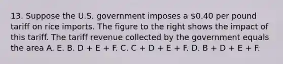 13. Suppose the U.S. government imposes a​ 0.40 per pound tariff on rice imports. The figure to the right shows the impact of this tariff. The tariff revenue collected by the government equals the area A. E. B. D​ + E​ + F. C. C​ + D​ + E​ + F. D. B​ + D​ + E​ + F.