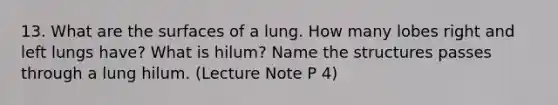 13. What are the surfaces of a lung. How many lobes right and left lungs have? What is hilum? Name the structures passes through a lung hilum. (Lecture Note P 4)