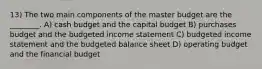 13) The two main components of the master budget are the ________. A) cash budget and the capital budget B) purchases budget and the budgeted income statement C) budgeted income statement and the budgeted balance sheet D) operating budget and the financial budget