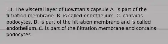 13. The visceral layer of Bowman's capsule A. is part of the filtration membrane. B. is called endothelium. C. contains podocytes. D. is part of the filtration membrane and is called endothelium. E. is part of the filtration membrane and contains podocytes.