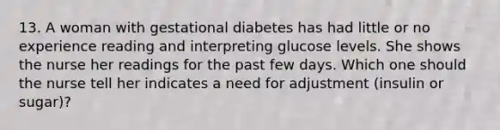 13. A woman with gestational diabetes has had little or no experience reading and interpreting glucose levels. She shows the nurse her readings for the past few days. Which one should the nurse tell her indicates a need for adjustment (insulin or sugar)?