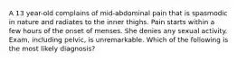 A 13 year-old complains of mid-abdominal pain that is spasmodic in nature and radiates to the inner thighs. Pain starts within a few hours of the onset of menses. She denies any sexual activity. Exam, including pelvic, is unremarkable. Which of the following is the most likely diagnosis?