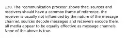 130. The "communication process" shows that: sources and receivers should have a common frame of reference. the receiver is usually not influenced by the nature of the message channel. sources decode messages and receivers encode them. all media appear to be equally effective as message channels. None of the above is true.