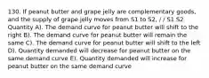 130. If peanut butter and grape jelly are complementary goods, and the supply of grape jelly moves from S1 to S2, / / S1 S2 Quantity A). The demand curve for peanut butter will shift to the right B). The demand curve for peanut butter will remain the same C). The demand curve for peanut butter will shift to the left D). Quantity demanded will decrease for peanut butter on the same demand curve E). Quantity demanded will increase for peanut butter on the same demand curve