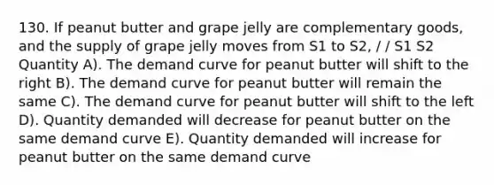 130. If peanut butter and grape jelly are complementary goods, and the supply of grape jelly moves from S1 to S2, / / S1 S2 Quantity A). The demand curve for peanut butter will shift to the right B). The demand curve for peanut butter will remain the same C). The demand curve for peanut butter will shift to the left D). Quantity demanded will decrease for peanut butter on the same demand curve E). Quantity demanded will increase for peanut butter on the same demand curve