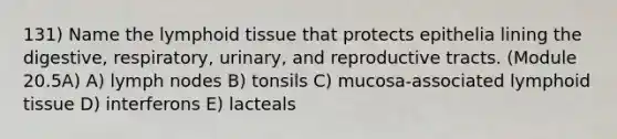 131) Name the lymphoid tissue that protects epithelia lining the digestive, respiratory, urinary, and reproductive tracts. (Module 20.5A) A) lymph nodes B) tonsils C) mucosa-associated lymphoid tissue D) interferons E) lacteals