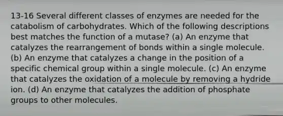 13-16 Several different classes of enzymes are needed for the catabolism of carbohydrates. Which of the following descriptions best matches the function of a mutase? (a) An enzyme that catalyzes the rearrangement of bonds within a single molecule. (b) An enzyme that catalyzes a change in the position of a specific chemical group within a single molecule. (c) An enzyme that catalyzes the oxidation of a molecule by removing a hydride ion. (d) An enzyme that catalyzes the addition of phosphate groups to other molecules.