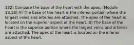 132) Compare the base of the heart with the apex. (Module 18.1B) A) The base of the heart is the inferior portion where the largest veins and arteries are attached. The apex of the heart is located on the superior aspect of the heart. B) The base of the heart is the superior portion where the largest veins and arteries are attached. The apex of the heart is located on the inferior aspect of the heart.