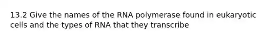 13.2 Give the names of the RNA polymerase found in eukaryotic cells and the types of RNA that they transcribe