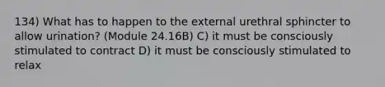 134) What has to happen to the external urethral sphincter to allow urination? (Module 24.16B) C) it must be consciously stimulated to contract D) it must be consciously stimulated to relax