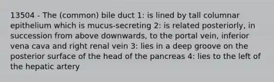 13504 - The (common) bile duct 1: is lined by tall columnar epithelium which is mucus-secreting 2: is related posteriorly, in succession from above downwards, to the portal vein, inferior vena cava and right renal vein 3: lies in a deep groove on the posterior surface of the head of the pancreas 4: lies to the left of the hepatic artery