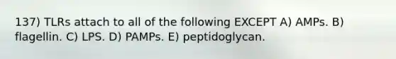 137) TLRs attach to all of the following EXCEPT A) AMPs. B) flagellin. C) LPS. D) PAMPs. E) peptidoglycan.