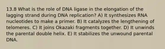 13.8 What is the role of DNA ligase in the elongation of the lagging strand during <a href='https://www.questionai.com/knowledge/kofV2VQU2J-dna-replication' class='anchor-knowledge'>dna replication</a>? A) It synthesizes RNA nucleotides to make a primer. B) It catalyzes the lengthening of telomeres. C) It joins Okazaki fragments together. D) It unwinds the parental double helix. E) It stabilizes the unwound parental DNA.