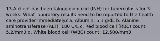 13.A client has been taking isoniazid (INH) for tuberculosis for 3 weeks. What laboratory results need to be reported to the health care provider immediately? a. Albumin: 5.1 g/dL b. Alanine aminotransferase (ALT): 180 U/L c. Red blood cell (RBC) count: 5.2/mm3 d. White blood cell (WBC) count: 12,500/mm3