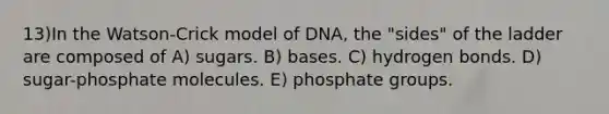 13)​In the Watson-Crick model of DNA, the "sides" of the ladder are composed of ​​A) sugars.​​ B) bases.​ C) hydrogen bonds.​ D) sugar-phosphate molecules.​ E) phosphate groups.