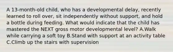 A 13-month-old child, who has a developmental delay, recently learned to roll over, sit independently without support, and hold a bottle during feeding. What would indicate that the child has mastered the NEXT gross motor developmental level? A.Walk while carrying a soft toy B.Stand with support at an activity table C.Climb up the stairs with supervision