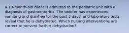 A 13-month-old client is admitted to the pediatric unit with a diagnosis of gastroenteritis. The toddler has experienced vomiting and diarrhea for the past 3 days, and laboratory tests reveal that he is dehydrated. Which nursing interventions are correct to prevent further dehydration?