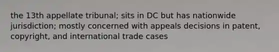 the 13th appellate tribunal; sits in DC but has nationwide jurisdiction; mostly concerned with appeals decisions in patent, copyright, and international trade cases