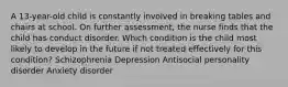 A 13-year-old child is constantly involved in breaking tables and chairs at school. On further assessment, the nurse finds that the child has conduct disorder. Which condition is the child most likely to develop in the future if not treated effectively for this condition? Schizophrenia Depression Antisocial personality disorder Anxiety disorder