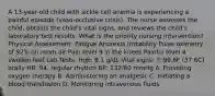 A 13-year-old child with sickle cell anemia is experiencing a painful episode (vaso-occlusive crisis). The nurse assesses the child, obtains the child's vital signs, and reviews the child's laboratory test results. What is the priority nursing intervention? Physical Assessment: Fatigue Anorexia Irritability Pulse oximetry of 92% on room air Pain level 9 in the knees Painful level 4 swollen feet Lab Tests: Hgb: 8.1 g/dL Vital signs: T: 99.6F (37.6C) orally HR: 94, regular rhythm BP: 132/80 mmHg A. Providing oxygen therapy B. Administering an analgesic C. Initiating a blood transfusion D. Monitoring intravenous fluids