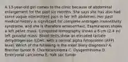 A 13-year-old girl comes to the clinic because of abdominal enlargement for the past six months. She says she has also had some vague intermittent pain in her left abdomen. Her past medical history is significant for complete androgen insensitivity syndrome, and she is therefore amenorrheic. Examination shows a left pelvic mass. Computed tomography shows a 6 cm (2.4 in) left gonadal mass. Blood tests show an elevated lactate dehydrogenase (LDH), with a normal alpha-fetoprotein (AFP) level. Which of the following is the most likely diagnosis? A. Brenner tumor B. Choriocarcinoma C. Dysgerminoma D. Embryonal carcinoma E. Yolk sac tumor