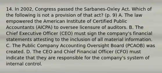 14. In 2002, Congress passed the Sarbanes-Oxley Act. Which of the following is not a provision of that act? (p. 9) A. The law empowered the American Institute of Certified Public Accountants (AICPA) to oversee licensure of auditors. B. The Chief Executive Officer (CEO) must sign the company's financial statements attesting to the inclusion of all material information. C. The Public Company Accounting Oversight Board (PCAOB) was created. D. The CEO and Chief Financial Officer (CFO) must indicate that they are responsible for the company's system of internal control.