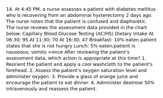 14. At 4:45 PM, a nurse assesses a patient with diabetes mellitus who is recovering from an abdominal hysterectomy 2 days ago. The nurse notes that the patient is confused and diaphoretic. The nurse reviews the assessment data provided in the chart below: Capillary Blood Glucose Testing (AC/HS) Dietary Intake At 06:30; 95 At 11:30; 70 At 16:30; 47 Breakfast: 10% eaten patient states that she is not hungry Lunch: 5% eaten;patient is nauseous; vomits =once After reviewing the patient's assessment data, which action is appropriate at this time? 1. Reorient the patient and apply a cool washcloth to the patient's forehead. 2. Assess the patient's oxygen saturation level and administer oxygen. 3. Provide a glass of orange juice and encourage the patient to eat dinner. 4. Administer dextrose 50% intravenously and reassess the patient.