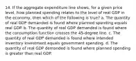 14. If the aggregate expenditure line shows, for a given price level, how planned spending relates to the level of real GDP in the economy, then which of the following is true? a. The quantity of real GDP demanded is found where planned spending equals real GDP. b. The quantity of real GDP demanded is found where the consumption function crosses the 45-degree line. c. The quantity of real GDP demanded is found where intended inventory investment equals government spending. d. The quantity of real GDP demanded is found where planned spending is greater than real GDP.