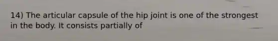 14) The articular capsule of the hip joint is one of the strongest in the body. It consists partially of