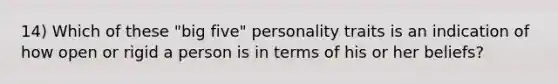 14) Which of these "big five" personality traits is an indication of how open or rigid a person is in terms of his or her beliefs?