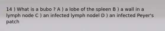 14 ) What is a bubo ? A ) a lobe of the spleen B ) a wall in a lymph node C ) an infected lymph nodel D ) an infected Peyer's patch