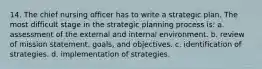 14. The chief nursing officer has to write a strategic plan. The most difficult stage in the strategic planning process is: a. assessment of the external and internal environment. b. review of mission statement, goals, and objectives. c. identification of strategies. d. implementation of strategies.