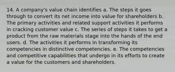 14. A company's value chain identifies a. The steps it goes through to convert its net income into value for shareholders b. The primary activities and related support activities it performs in cracking customer value c. The series of steps it takes to get a product from the raw materials stage into the hands of the end users. d. The activities it performs in transforming its competencies in distinctive competencies. e. The competencies and competitive capabilities that undergo in its efforts to create a value for the customers and shareholders.