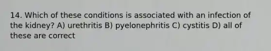 14. Which of these conditions is associated with an infection of the kidney? A) urethritis B) pyelonephritis C) cystitis D) all of these are correct