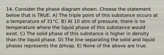 14. Consider the phase diagram shown. Choose the statement below that is TRUE. A) The triple point of this substance occurs at a temperature of 31°C. B) At 10 atm of pressure, there is no temperature where the liquid phase of this substance would exist. C) The solid phase of this substance is higher in density than the liquid phase. D) The line separating the solid and liquid phases represents the ΔHvap. E) None of the above are true.