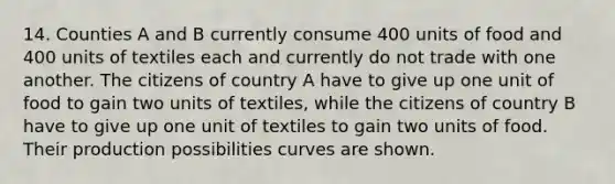 14. Counties A and B currently consume 400 units of food and 400 units of textiles each and currently do not trade with one another. The citizens of country A have to give up one unit of food to gain two units of textiles, while the citizens of country B have to give up one unit of textiles to gain two units of food. Their production possibilities curves are shown.