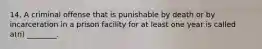 14. A criminal offense that is punishable by death or by incarceration in a prison facility for at least one year is called a(n) ________.