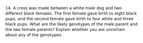 14. A cross was made between a white male dog and two different black females. The first female gave birth to eight black pups, and the second female gave birth to four white and three black pups. What are the likely genotypes of the male parent and the two female parents? Explain whether you are uncertain about any of the genotypes.