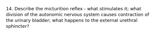 14. Describe the micturition reflex - what stimulates it; what division of the autonomic nervous system causes contraction of the urinary bladder; what happens to the external urethral sphincter?