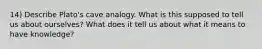 14) Describe Plato's cave analogy. What is this supposed to tell us about ourselves? What does it tell us about what it means to have knowledge?